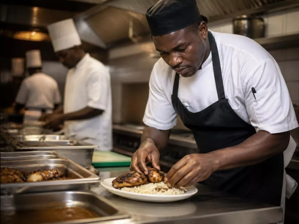 Chef dressant une assiette d’attiéké en cuisine