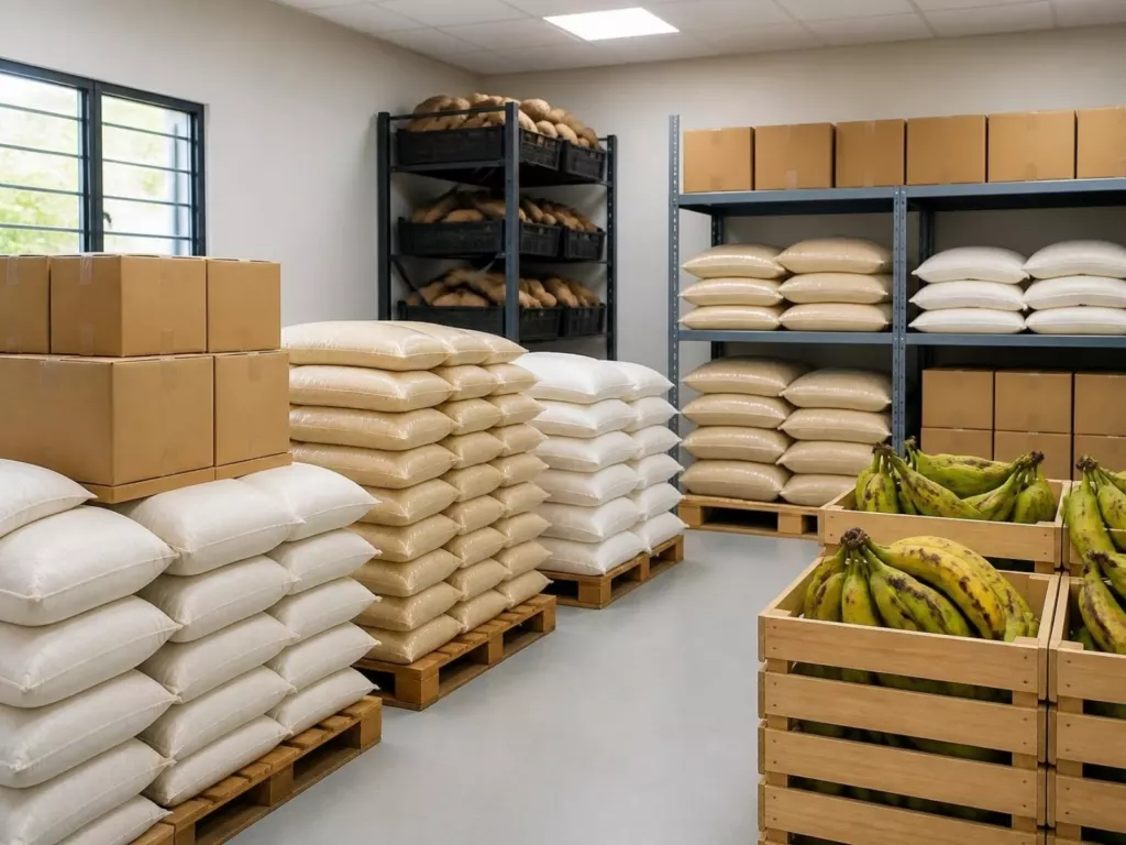 Produits rangés sur palettes dans un entrepôt