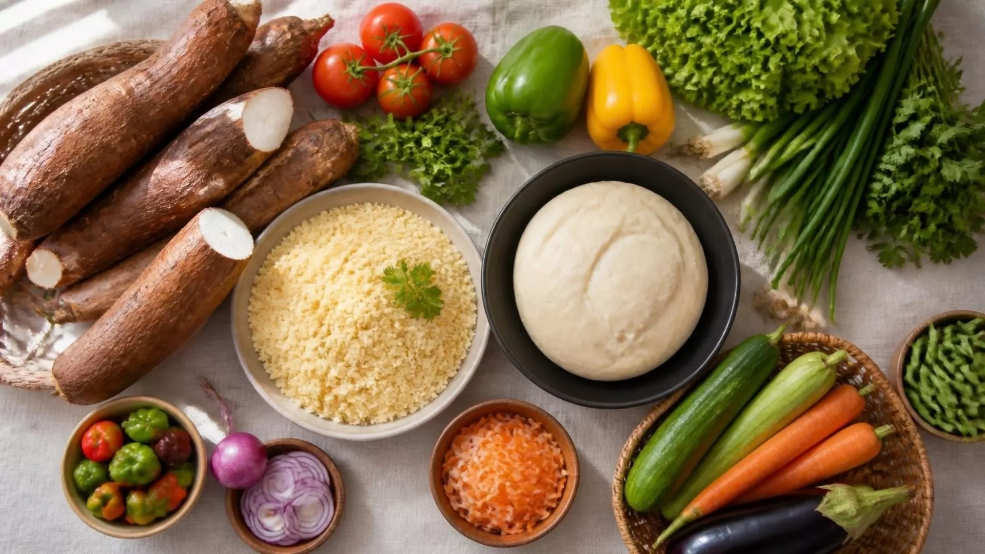 Racines de manioc, attiéké, foutou et légumes frais