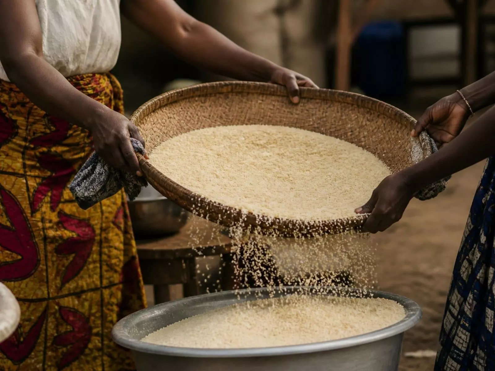 Tamisage de la semoule de manioc pour préparer l'attiéké